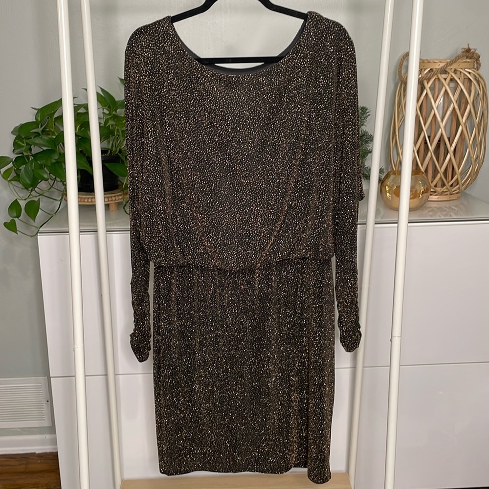 Eliza J Black & Gold Shimmer Metallic Long Sleeve Midi Dress Size 12